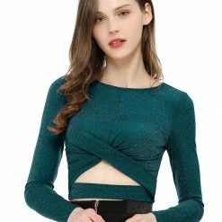 Women Allegra K Long Sleeve Crew Neck Cut Out Glitter Cross Crop Tops