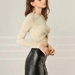 Women Allegra K Long Sleeve Crew Neck Cut Out Glitter Cross Crop Tops