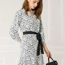 Allegra K Women's Ruffle Hem V Neck Contrast Color Belted Above Knee Elegant Floral Dress