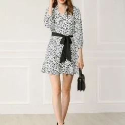 Allegra K Women's Ruffle Hem V Neck Contrast Color Belted Above Knee Elegant Floral Dress