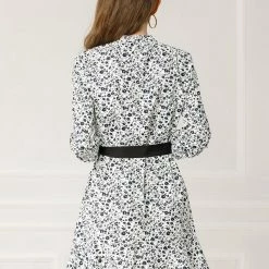 Allegra K Women's Ruffle Hem V Neck Contrast Color Belted Above Knee Elegant Floral Dress