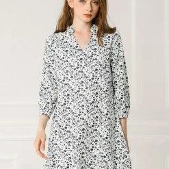 Allegra K Women's Ruffle Hem V Neck Contrast Color Belted Above Knee Elegant Floral Dress