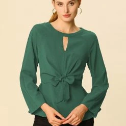Women Allegra K Basic Keyhole Round Neck Tie Waist Bracelet Sleeve Top