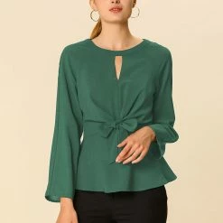 Women Allegra K Basic Keyhole Round Neck Tie Waist Bracelet Sleeve Top