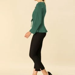 Women Allegra K Basic Keyhole Round Neck Tie Waist Bracelet Sleeve Top