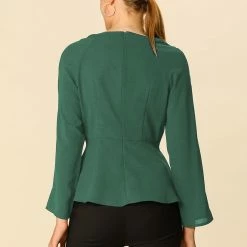 Women Allegra K Basic Keyhole Round Neck Tie Waist Bracelet Sleeve Top