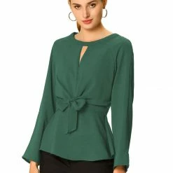 Women Allegra K Basic Keyhole Round Neck Tie Waist Bracelet Sleeve Top