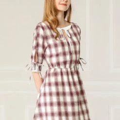 Allegra K Women's Plaid Tie Keyhole Neck Half Sleeves Lined Dress