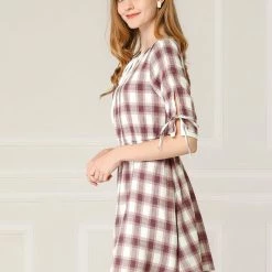 Allegra K Women's Plaid Tie Keyhole Neck Half Sleeves Lined Dress