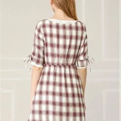 Allegra K Women's Plaid Tie Keyhole Neck Half Sleeves Lined Dress