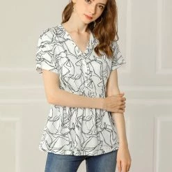 Allegra K Women's V Neck Blouse Casual Loose Short Sleeve Printed Top