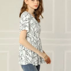 Allegra K Women's V Neck Blouse Casual Loose Short Sleeve Printed Top
