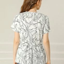 Allegra K Women's V Neck Blouse Casual Loose Short Sleeve Printed Top