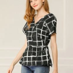 Allegra K Women's Plaid Drawstring Waist Short Sleeve V-neck Wrap Peplum Top
