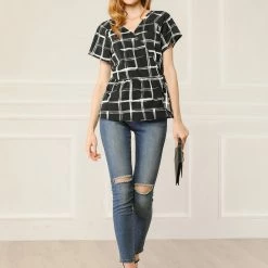 Allegra K Women's Plaid Drawstring Waist Short Sleeve V-neck Wrap Peplum Top