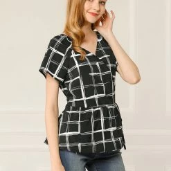 Allegra K Women's Plaid Drawstring Waist Short Sleeve V-neck Wrap Peplum Top