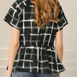 Allegra K Women's Plaid Drawstring Waist Short Sleeve V-neck Wrap Peplum Top