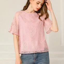Allegra K Women's Floral Lace Trumpet Raglan Sleeves Round Neck Blouse Top