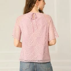 Allegra K Women's Floral Lace Trumpet Raglan Sleeves Round Neck Blouse Top