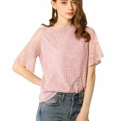 Allegra K Women's Floral Lace Trumpet Raglan Sleeves Round Neck Blouse Top