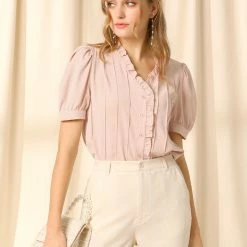 Allegra K Women's V Neck Sweet Ruffle Casual Puff Sleeve Blouse Solid Color Cute Top