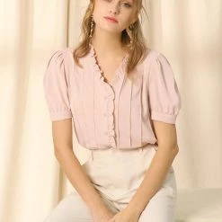 Allegra K Women's V Neck Sweet Ruffle Casual Puff Sleeve Blouse Solid Color Cute Top