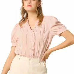 Allegra K Women's V Neck Sweet Ruffle Casual Puff Sleeve Blouse Solid Color Cute Top