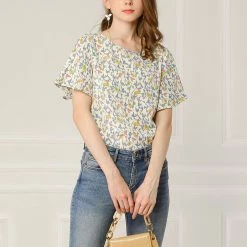 Allegra K Women's Floral Butterfly Short Sleeve Round Neck Casual Chiffon Blouse Tops