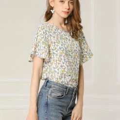 Allegra K Women's Floral Butterfly Short Sleeve Round Neck Casual Chiffon Blouse Tops