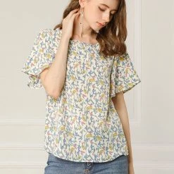 Allegra K Women's Floral Butterfly Short Sleeve Round Neck Casual Chiffon Blouse Tops
