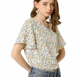 Allegra K Women's Floral Butterfly Short Sleeve Round Neck Casual Chiffon Blouse Tops