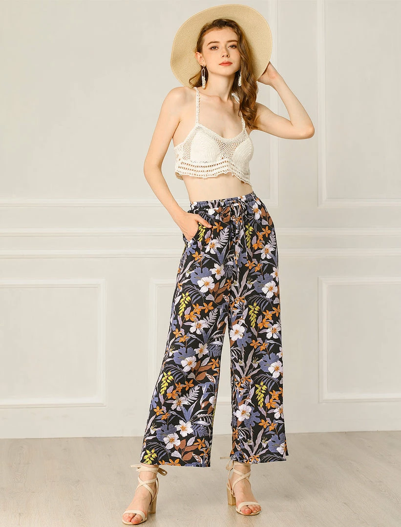 Allegra K Women's Palazzo Boho Floral Drawstring Waist Casual Tropical Wide Leg Pants With Pockets 6 Allegra K Women's Palazzo Boho Floral Drawstring Waist Casual Tropical Wide Leg Pants With Pockets