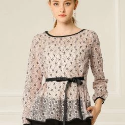 Allegra K Self-Tie Waist Bi-Color Contrast Lace Peplum Top 88 Allegra K Self-Tie Waist Bi-Color Contrast Lace Peplum Top