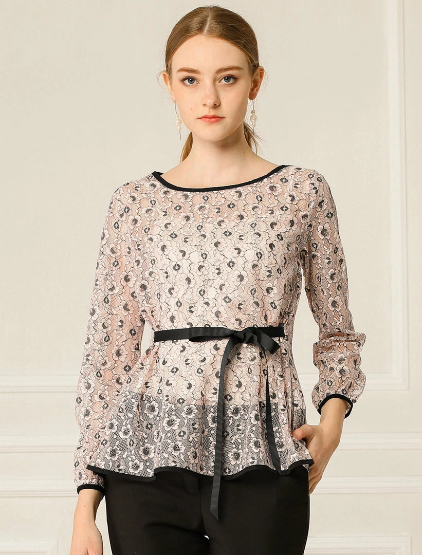 Allegra K Self-Tie Waist Bi-Color Contrast Lace Peplum Top 16 Allegra K Self-Tie Waist Bi-Color Contrast Lace Peplum Top