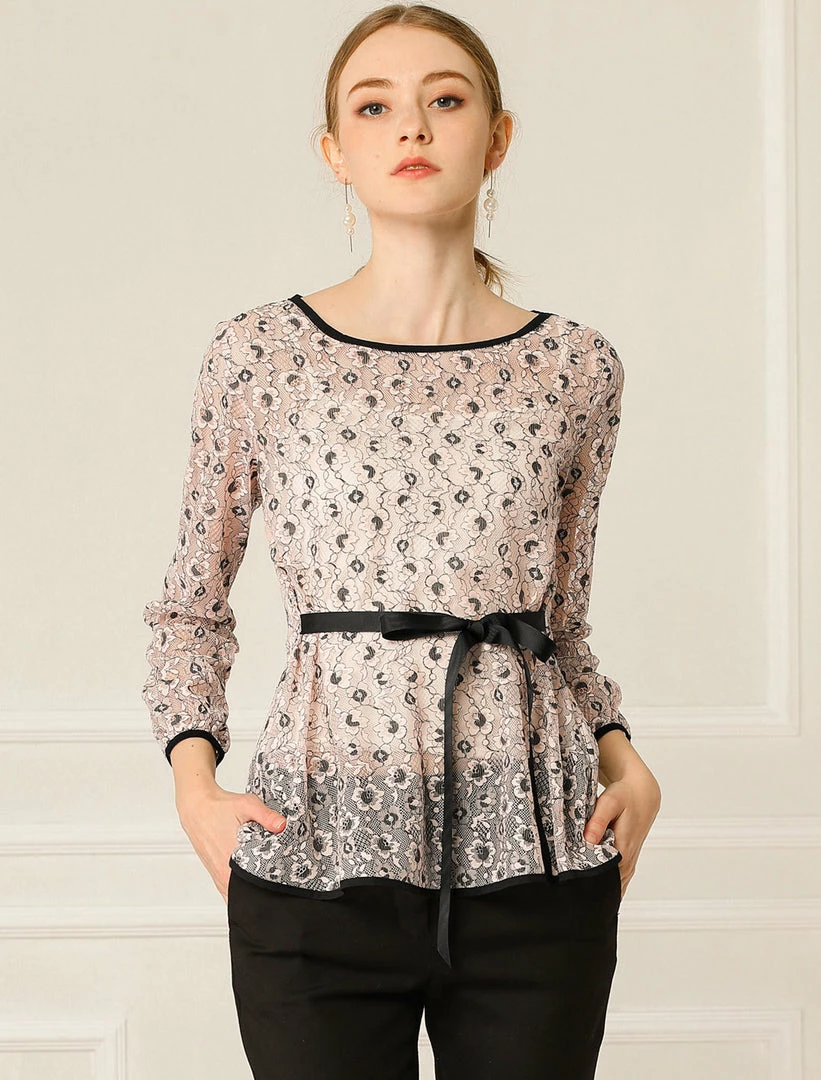 Allegra K Self-Tie Waist Bi-Color Contrast Lace Peplum Top 17 Allegra K Self-Tie Waist Bi-Color Contrast Lace Peplum Top