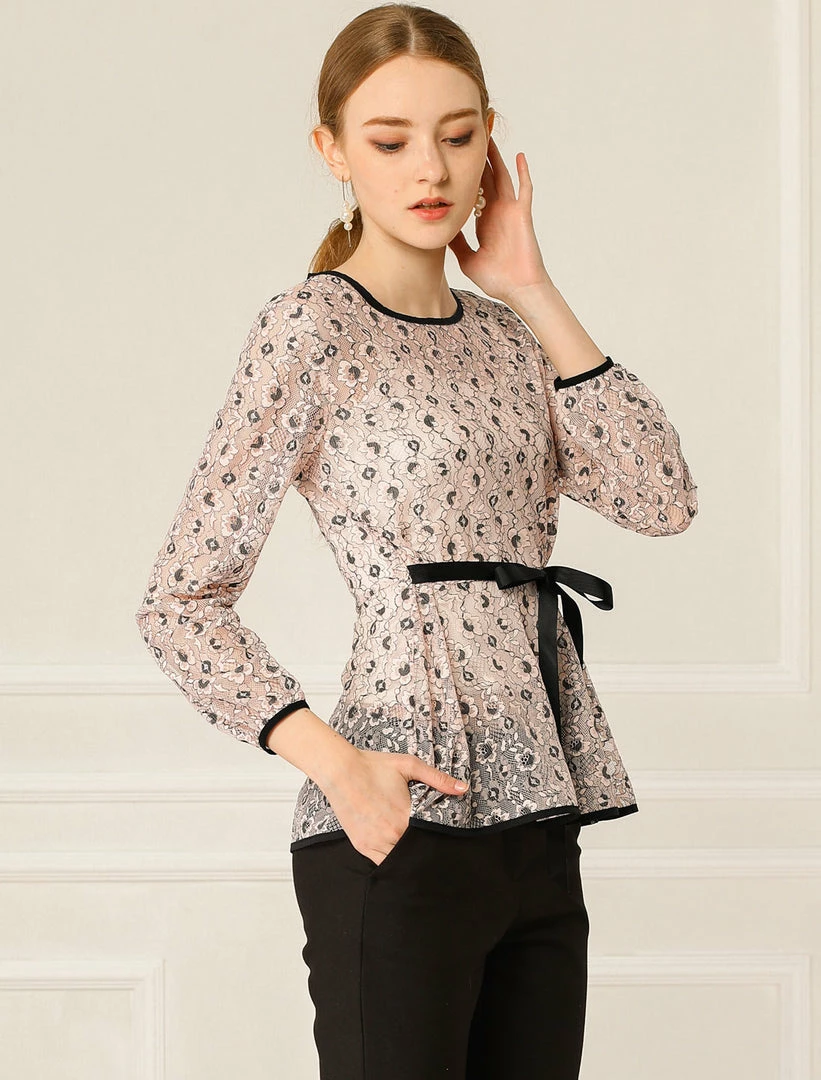 Allegra K Self-Tie Waist Bi-Color Contrast Lace Peplum Top 18 Allegra K Self-Tie Waist Bi-Color Contrast Lace Peplum Top