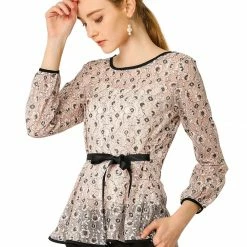 Allegra K Self-Tie Waist Bi-Color Contrast Lace Peplum Top 87 Allegra K Self-Tie Waist Bi-Color Contrast Lace Peplum Top