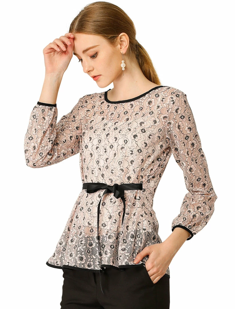 Allegra K Self-Tie Waist Bi-Color Contrast Lace Peplum Top 15 Allegra K Self-Tie Waist Bi-Color Contrast Lace Peplum Top