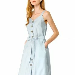 Allegra K Women's Sweetheart Neck Belted Pockets Button Front Strap Cami Dress