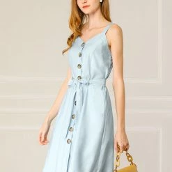 Allegra K Women's Sweetheart Neck Belted Pockets Button Front Strap Cami Dress