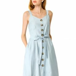 Allegra K Women's Sweetheart Neck Belted Pockets Button Front Strap Cami Dress