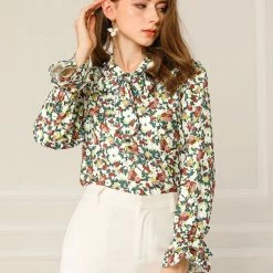 Allegra K Tie V Neck Blouse Long Trumpet Sleeve Floral Shirt Women