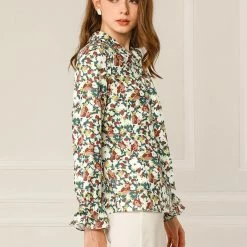 Allegra K Tie V Neck Blouse Long Trumpet Sleeve Floral Shirt Women