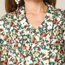 Allegra K Tie V Neck Blouse Long Trumpet Sleeve Floral Shirt Women
