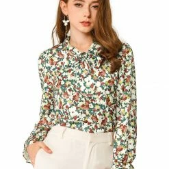 Allegra K Tie V Neck Blouse Long Trumpet Sleeve Floral Shirt Women