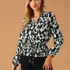 Allegra K Women's Spring Monochrome Animal Print Blouses V-Neck Long Sleeve Waist Drawstring Elegant Tops 12 Allegra K Women's Spring Monochrome Animal Print Blouses V-Neck Long Sleeve Waist Drawstring Elegant Tops