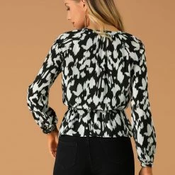 Allegra K Women's Spring Monochrome Animal Print Blouses V-Neck Long Sleeve Waist Drawstring Elegant Tops 14 Allegra K Women's Spring Monochrome Animal Print Blouses V-Neck Long Sleeve Waist Drawstring Elegant Tops