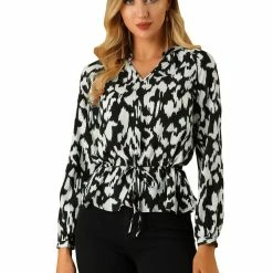 Allegra K Women's Spring Monochrome Animal Print Blouses V-Neck Long Sleeve Waist Drawstring Elegant Tops