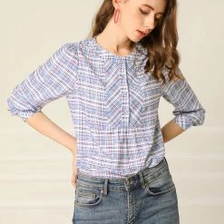 Allegra K Women's Plaid Button Blouse Casual Round Neck Shirt Tops