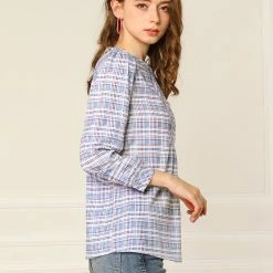 Allegra K Women's Plaid Button Blouse Casual Round Neck Shirt Tops